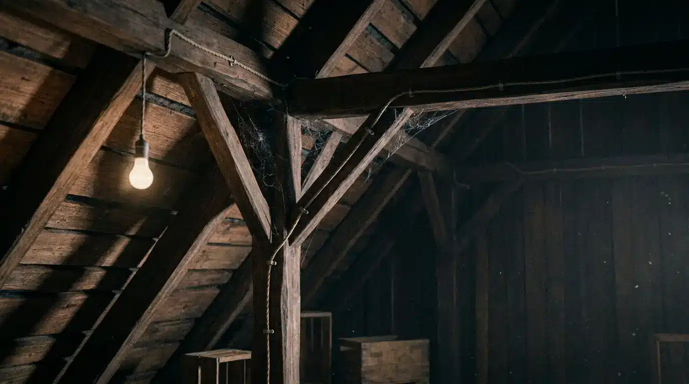 Dimly lit wooden attic with hanging light bulb and cobwebs in rustic setting