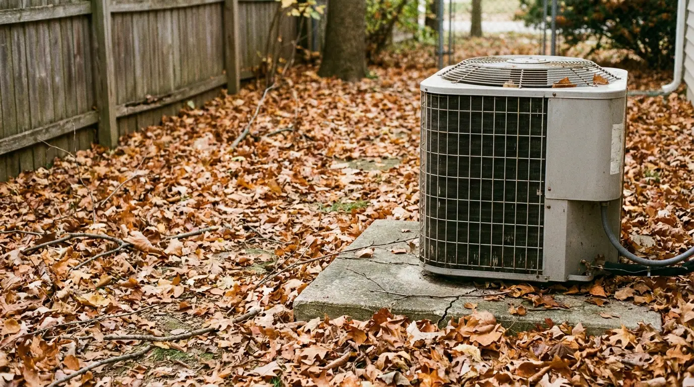 Air conditioning unit surrounded by fallen leaves in a fenced backyard