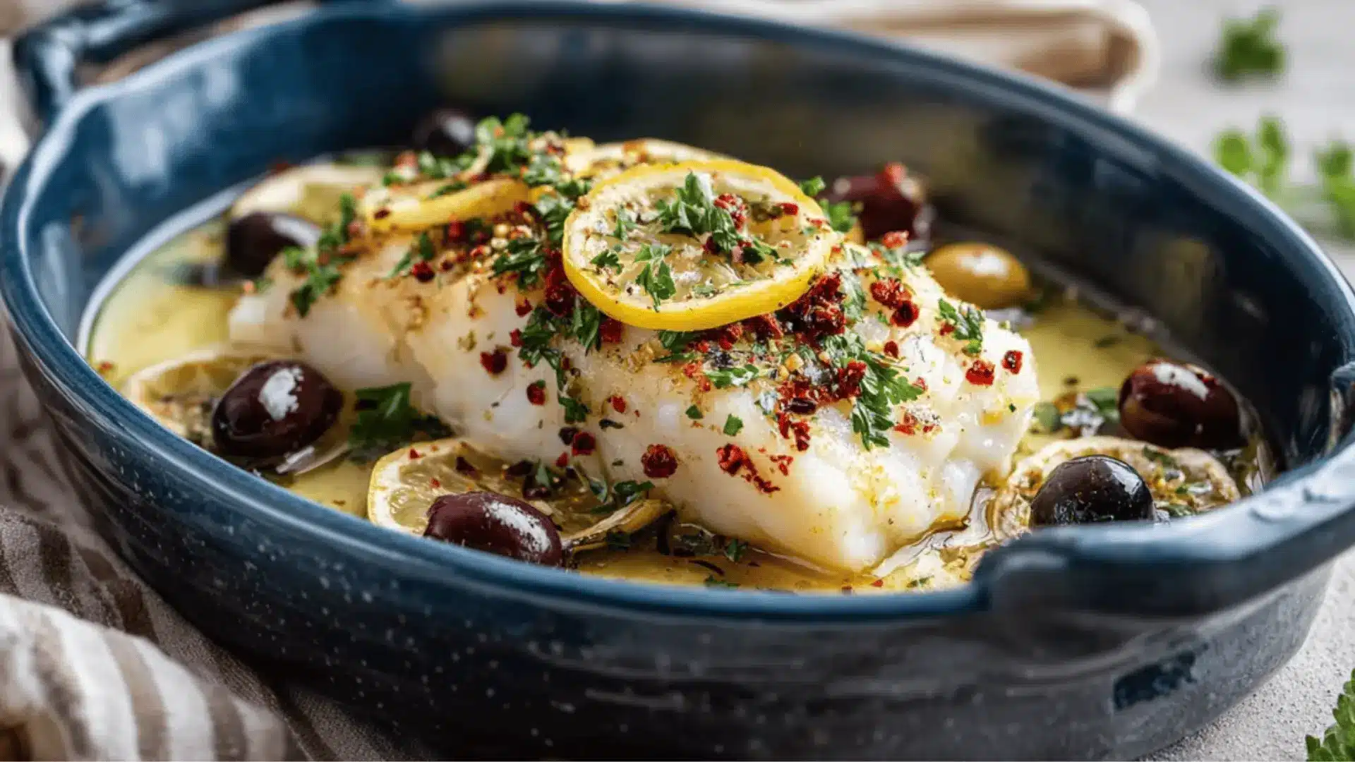 Baked cod with olives and herbs in a navy blue ceramic dish, served in a light lemon and olive oil sauce