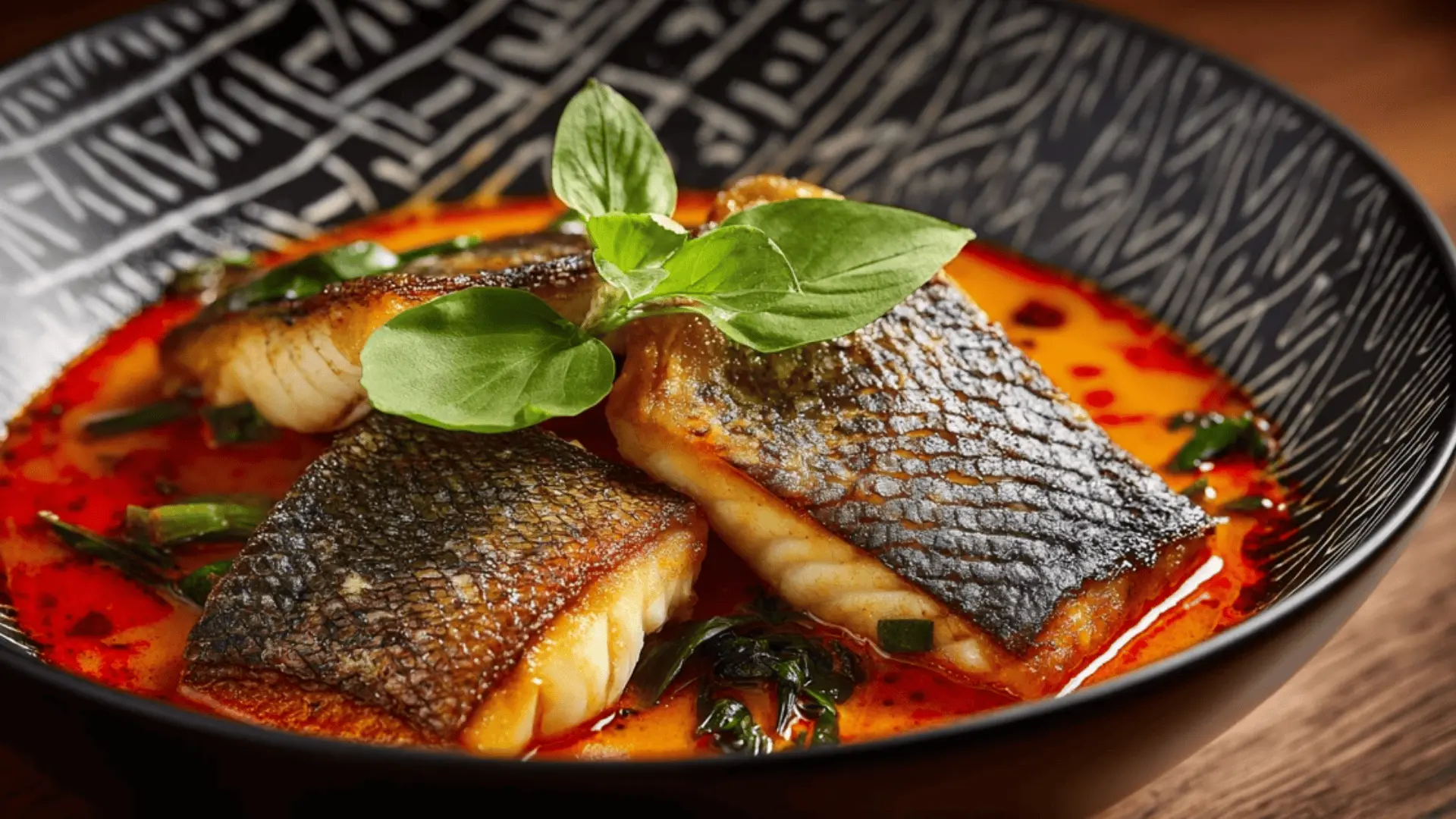 pan-seared fish fillets with crispy skin in a rich red sauce, garnished with fresh herbs