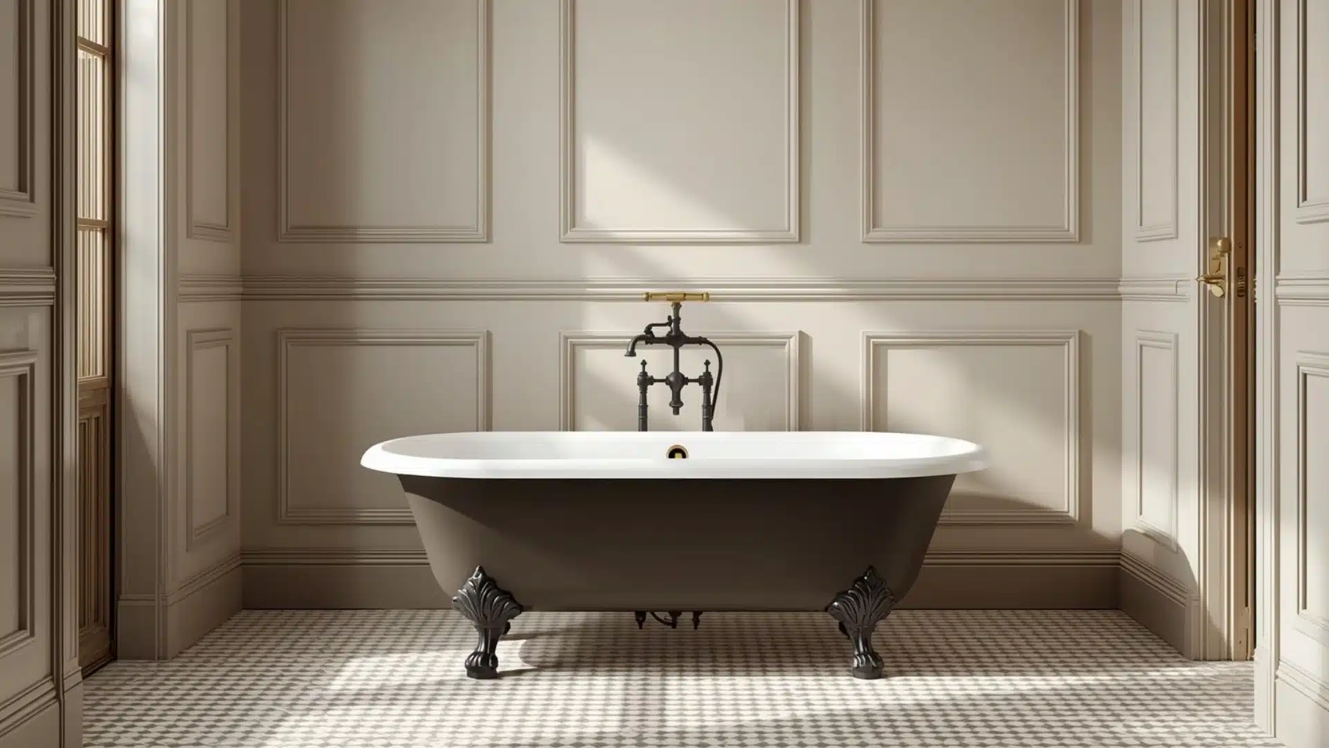 Modern Victorian bathroom with clawfoot tub, brass taps, classic wall trim, and warm natural light over patterned tile.