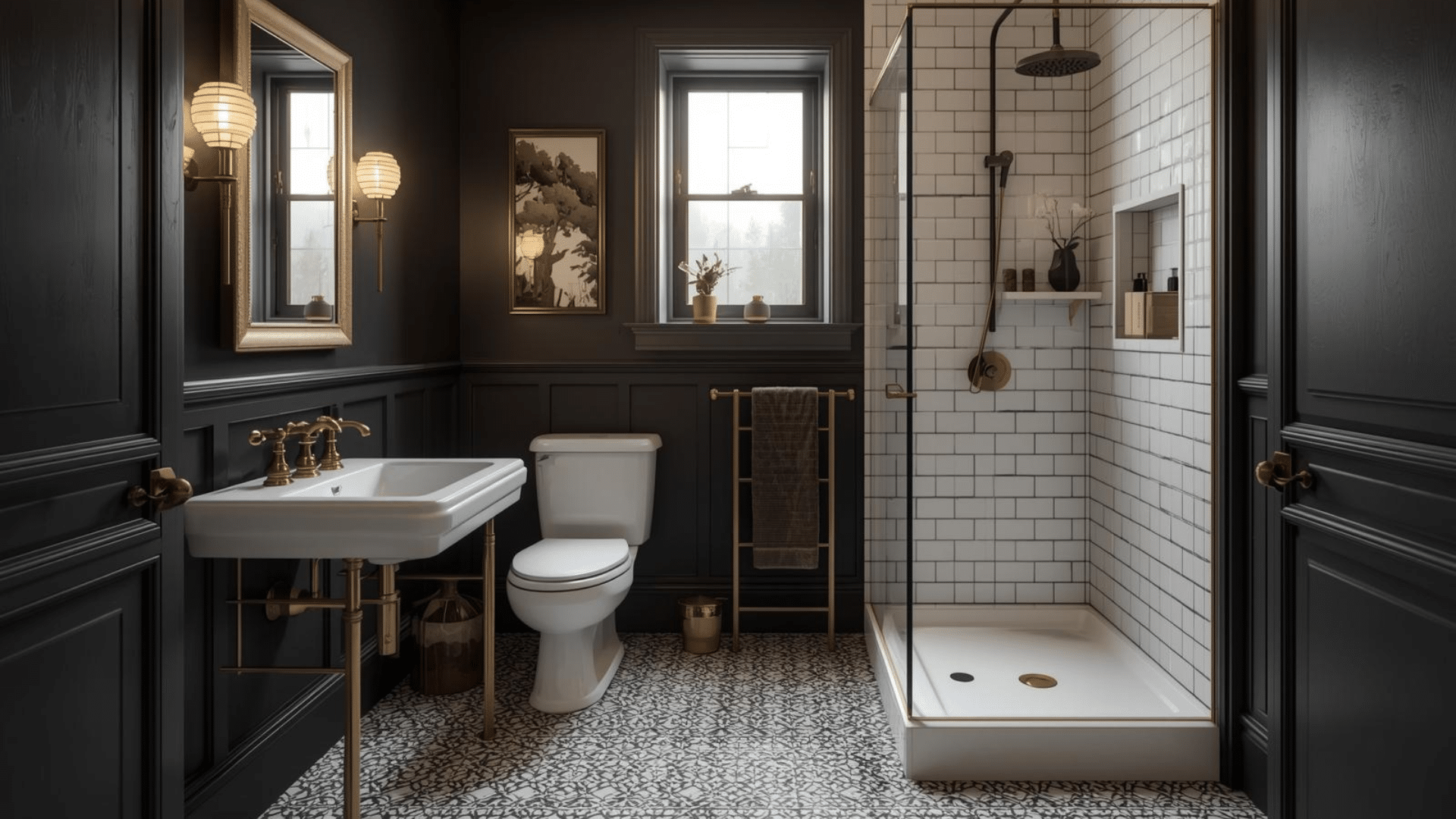 Modern Victorian bathroom with black-and-white patterned tile, brass fixtures, dark accents, and warm layered light.