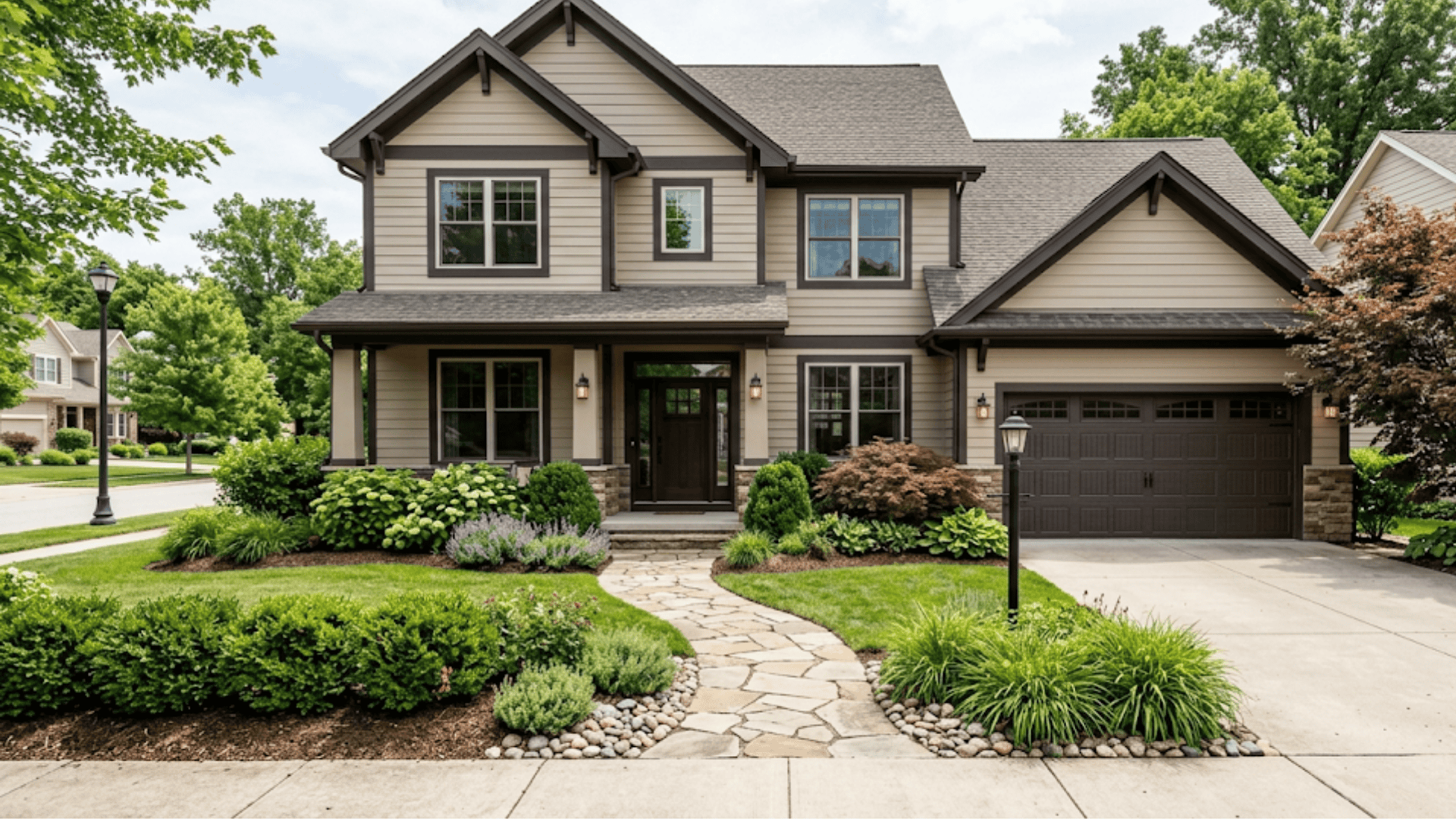 Beige house exterior with brown trim and landscaped front yard