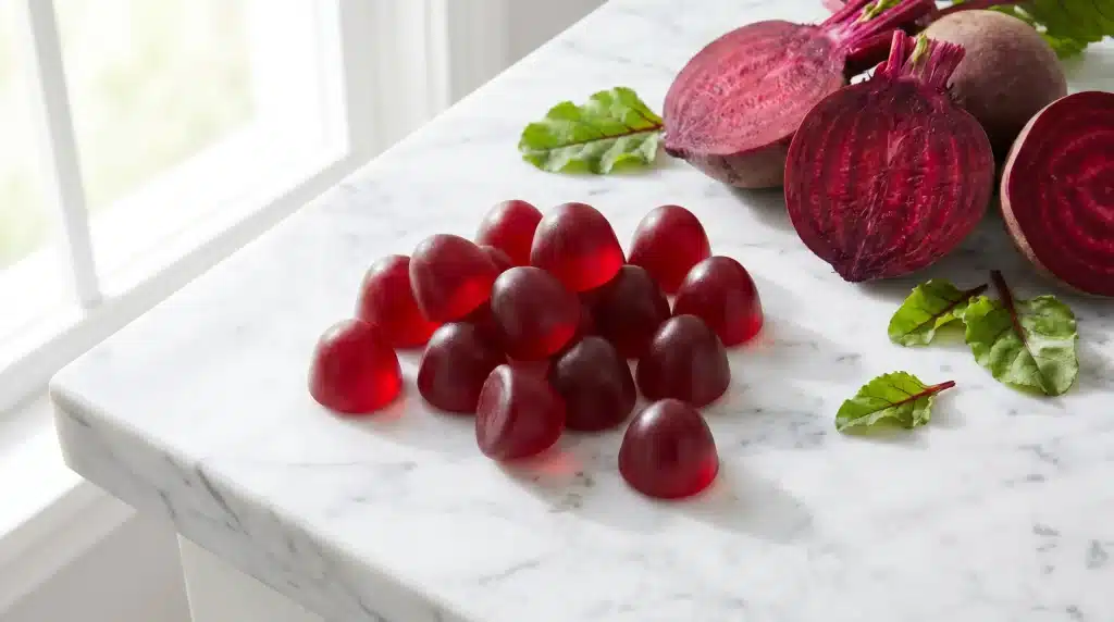 Red gummy supplements and sliced beets on white marble countertop in natural light