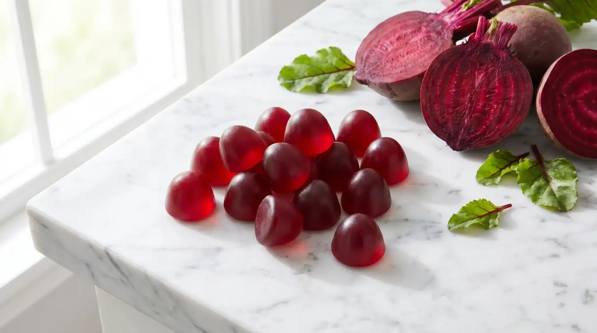 Red gummy supplements and sliced beets on white marble countertop in natural light