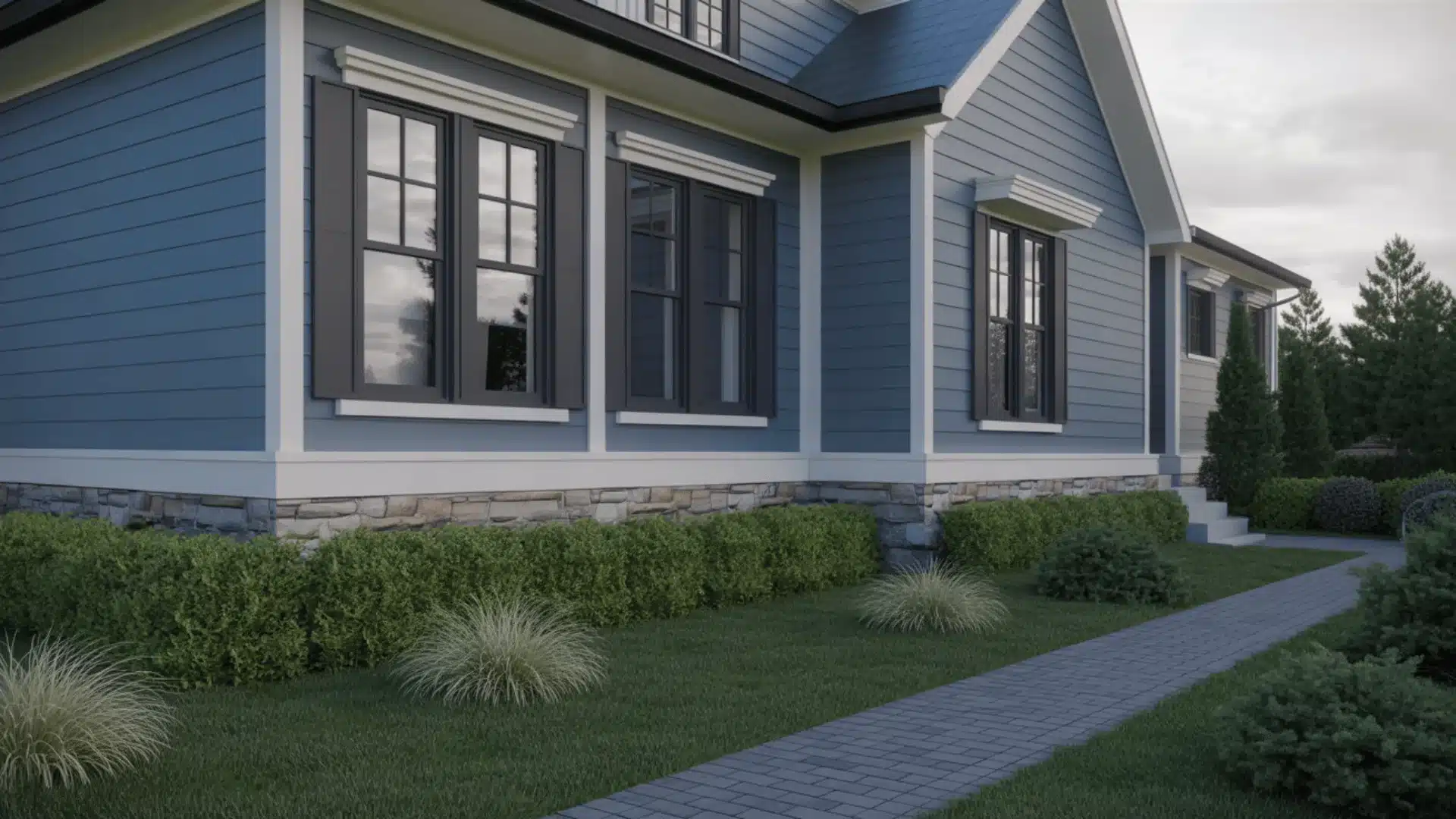 Blue-gray modern house exterior with stone accents and charcoal trim