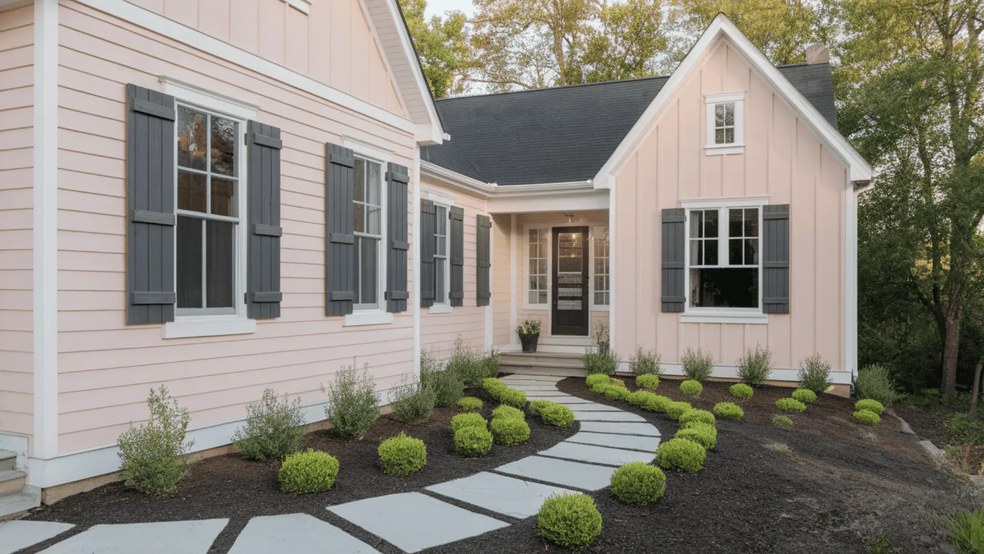 Blush pink modern house exterior with white trim and dark shutters