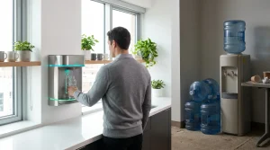 Man refilling glass bottle at wall-mounted water dispenser in office with plants and water cooler