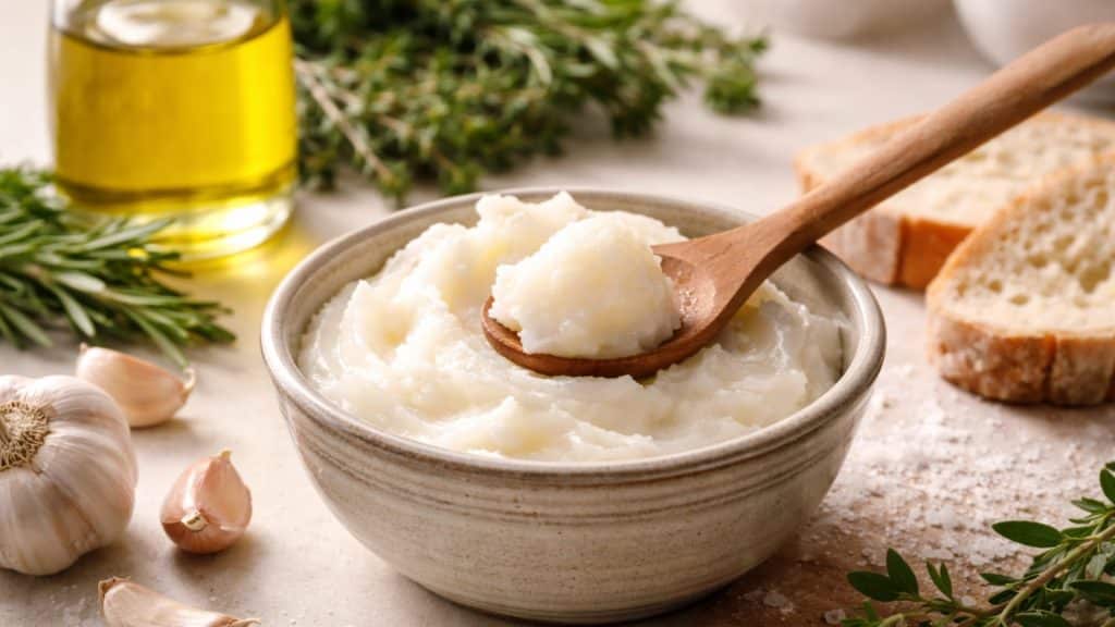 Bowl of white lard with spoon, herbs, garlic, and bread on a bright counter top