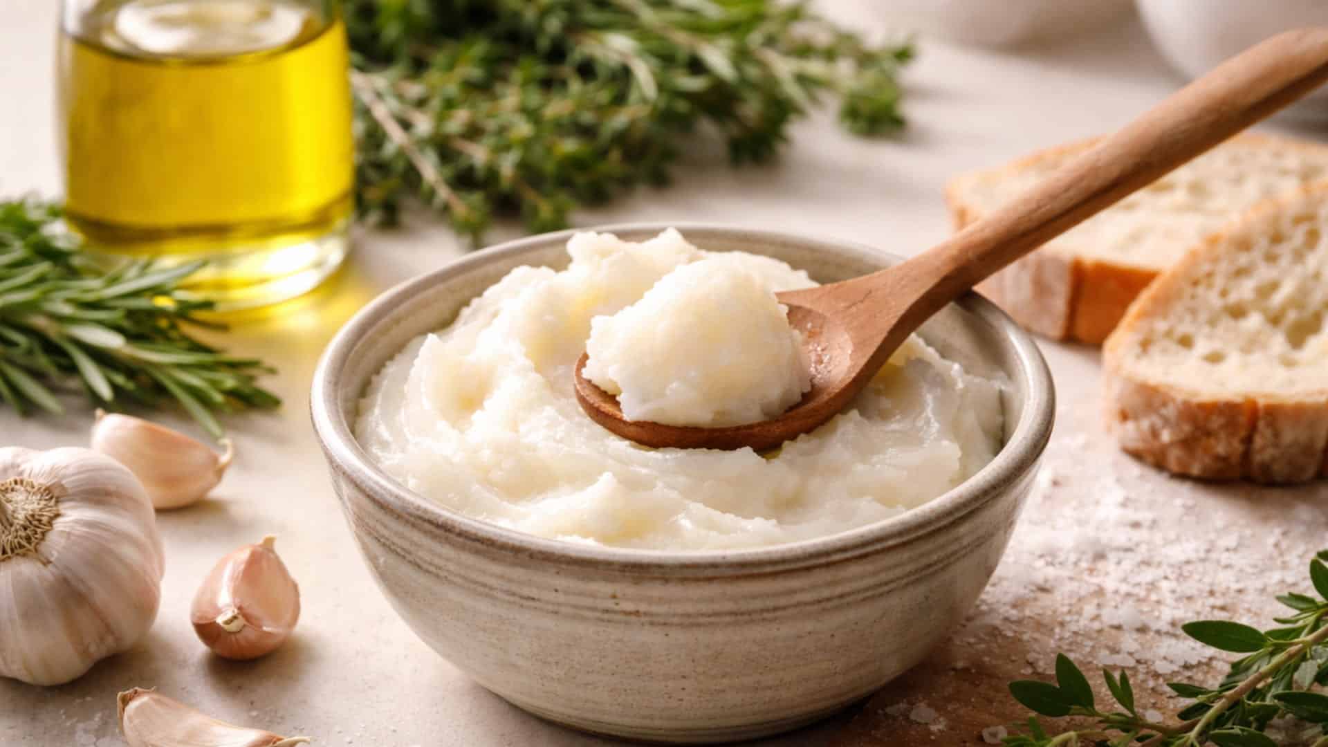 Bowl of white lard with spoon, herbs, garlic, and bread on a bright counter top