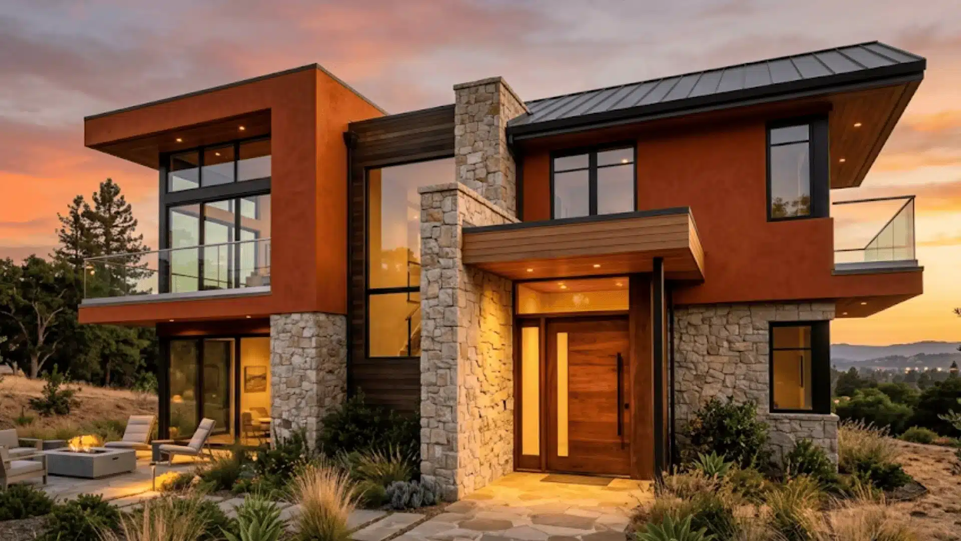 urnt orange modern house exterior with stone accents and desert landscaping