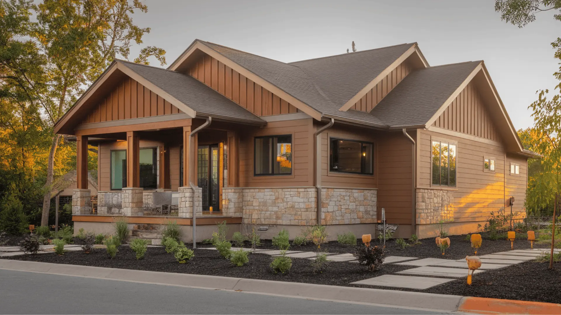 Caramel brown modern house exterior with stone accents and a wooden porch