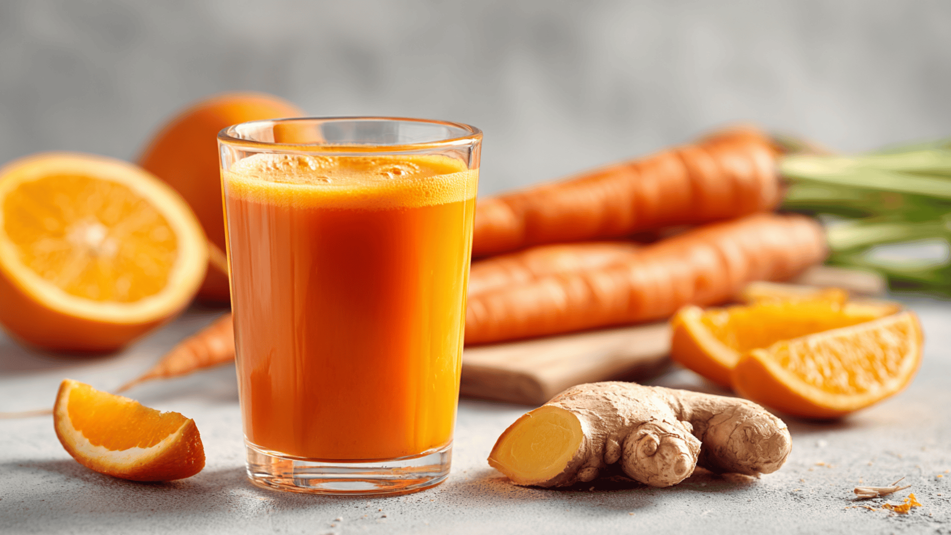 Juice fresh cold pressed carrot orange glow juice in a glass with whole carrots cold pressed carrot and orange juice for skin glow with fresh ginger