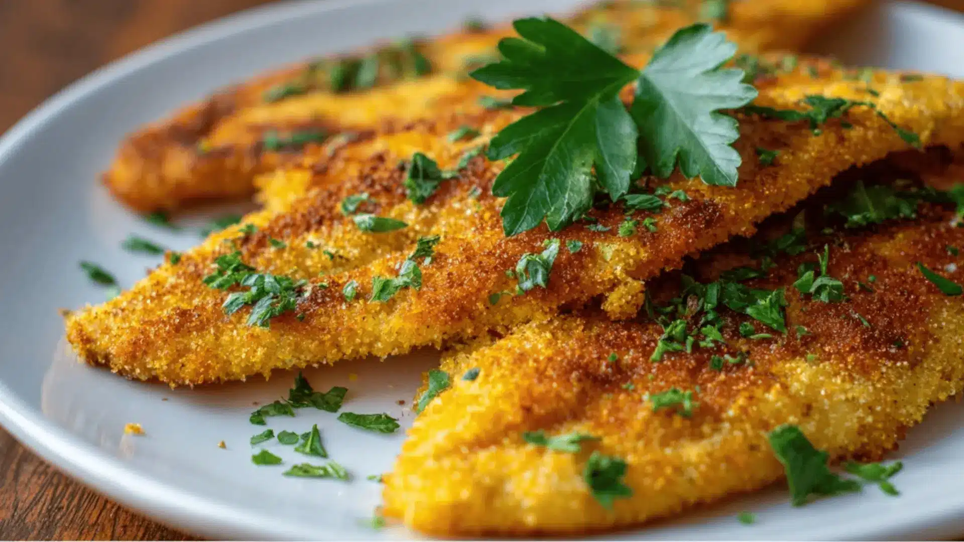 crispy breaded fish fillets garnished with fresh parsley on a plate