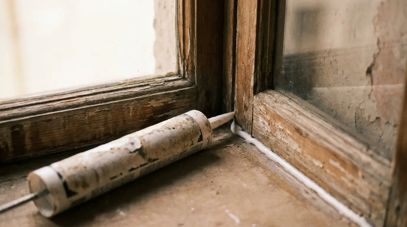Caulking gun resting by weathered wooden window frame in rustic interior setting