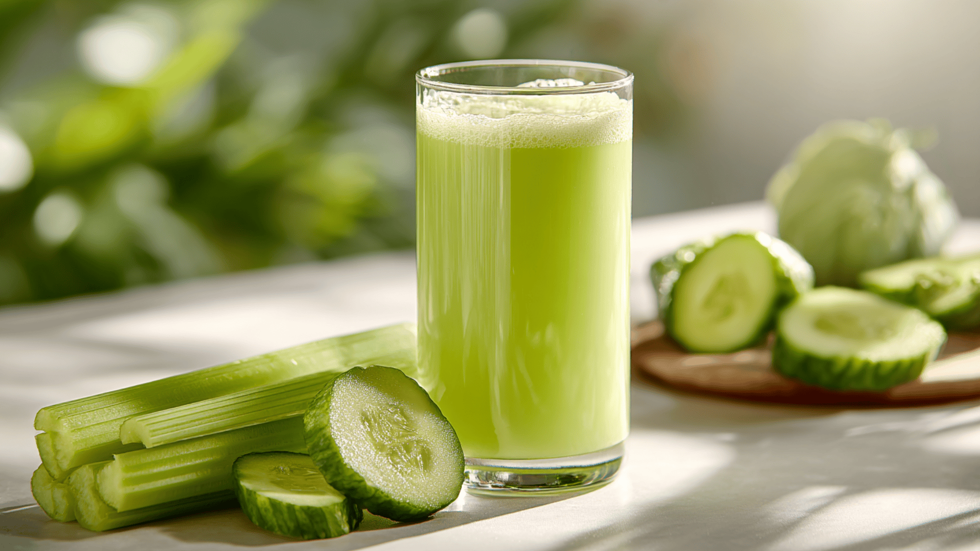 cold pressed celery cucumber refresher juice with lemon in a clear glass light cold pressed celery and cucumber juice with fresh lemon