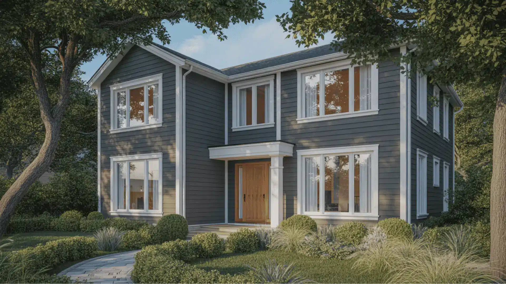 Charcoal gray modern house exterior with white trim and wooden front door