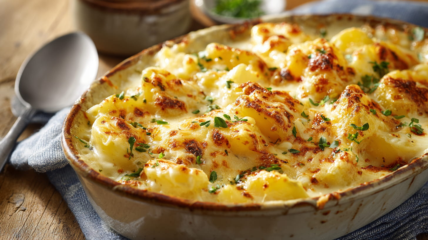 Cheesy Yukon Gold potato casserole baked golden in a rustic dish for dinner meal