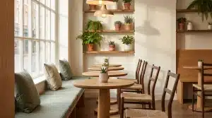 Cozy cafe interior with wooden tables, chairs, potted plants, and large windows under warm lighting