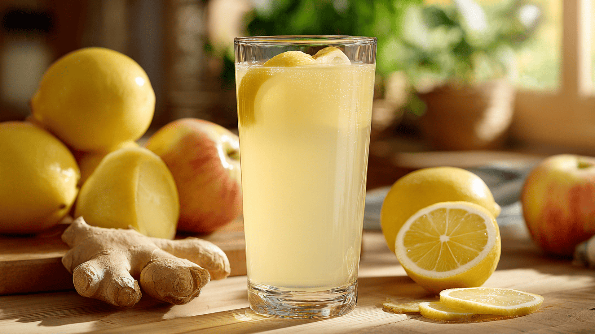 cold pressed apple lemon ginger juice in a glass with fresh ginger and apple slices