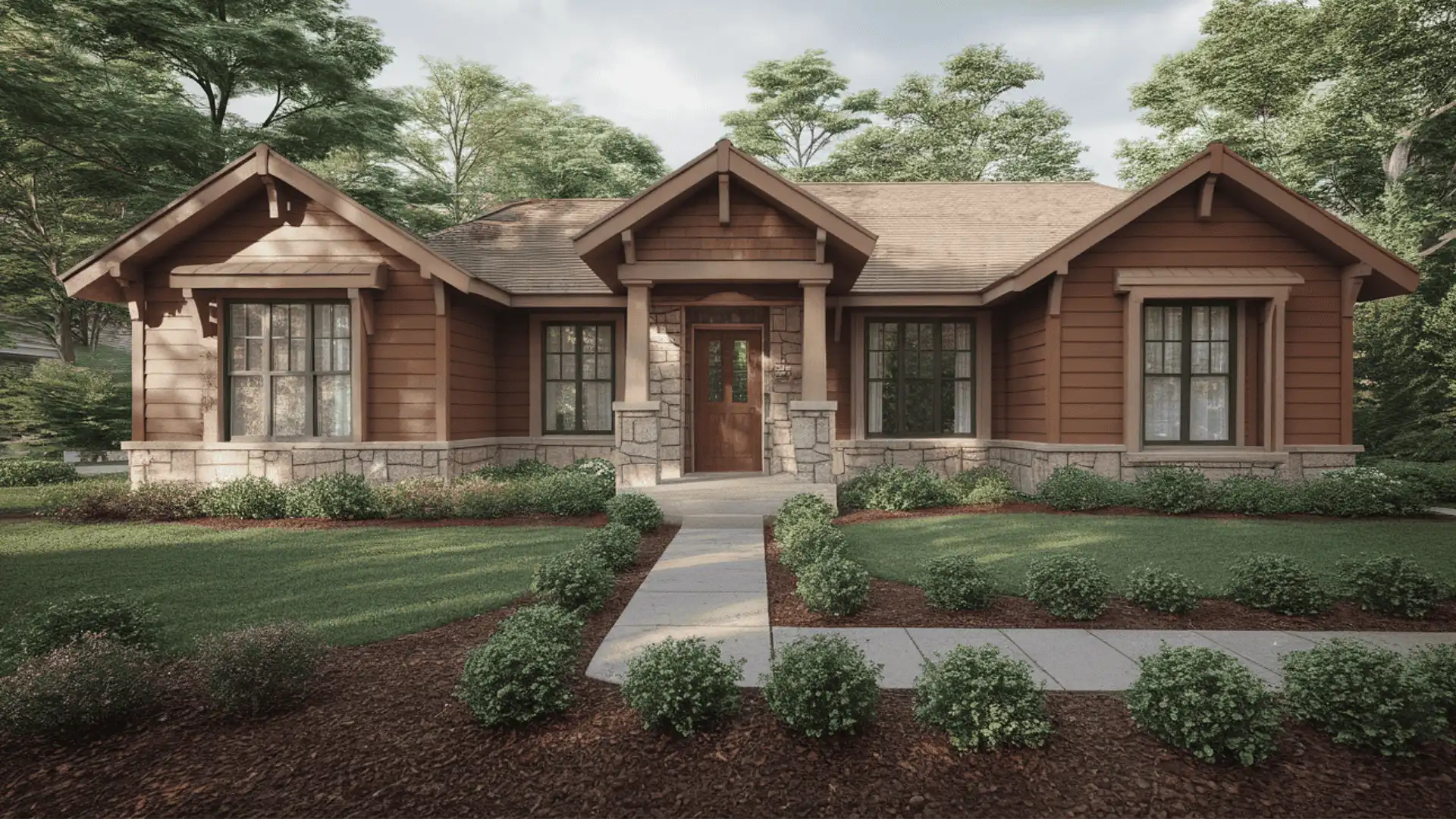 Clay brown house exterior with stone foundation and landscaped yard