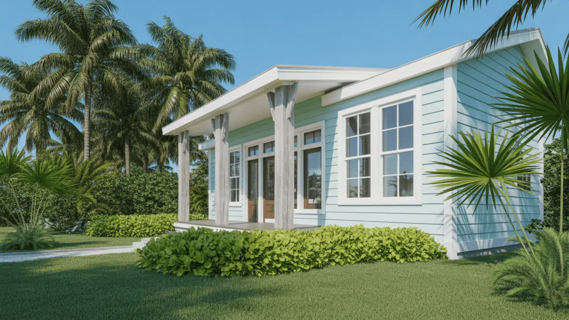 Coastal blue beach style house exterior with white trim and wooden porch