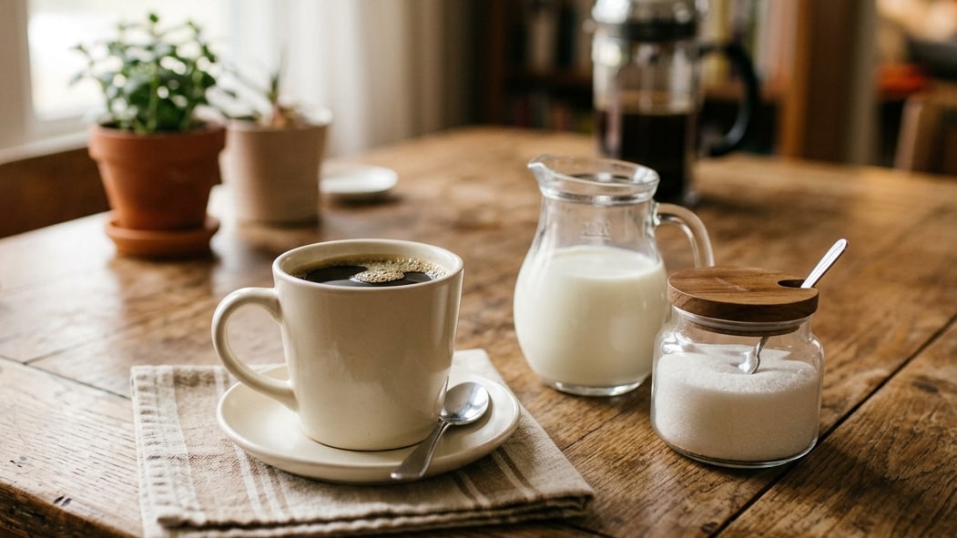 coffee, sugar and milk kept on the table