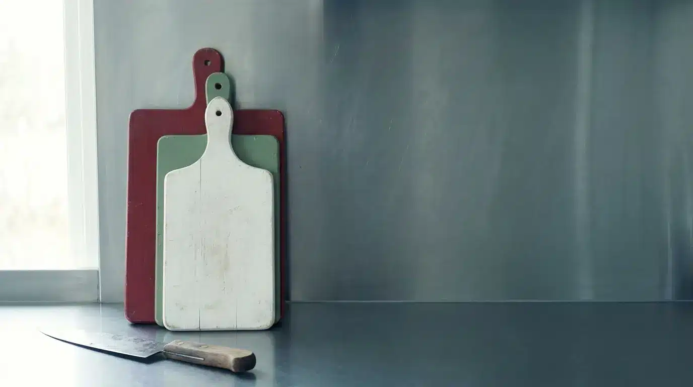 Stacked cutting boards and knife on stainless steel kitchen counter under natural light