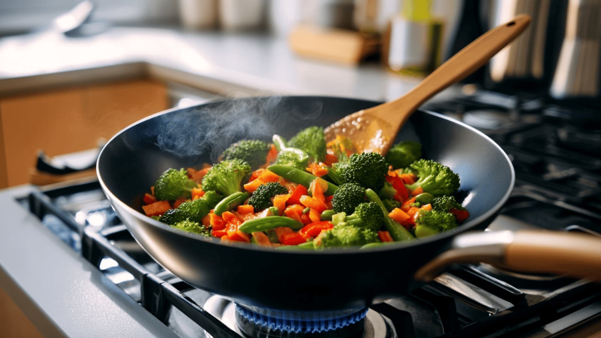 Frozen vegetables cooking in a hot wok with steam rising