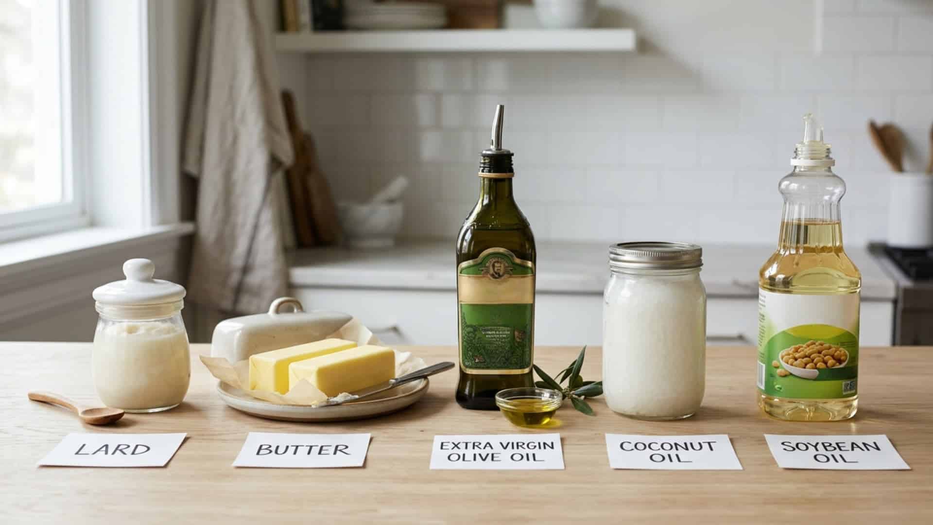 Five cooking fats, each labeled, arranged neatly in a row for comparison on a kitchen counter in natural light.