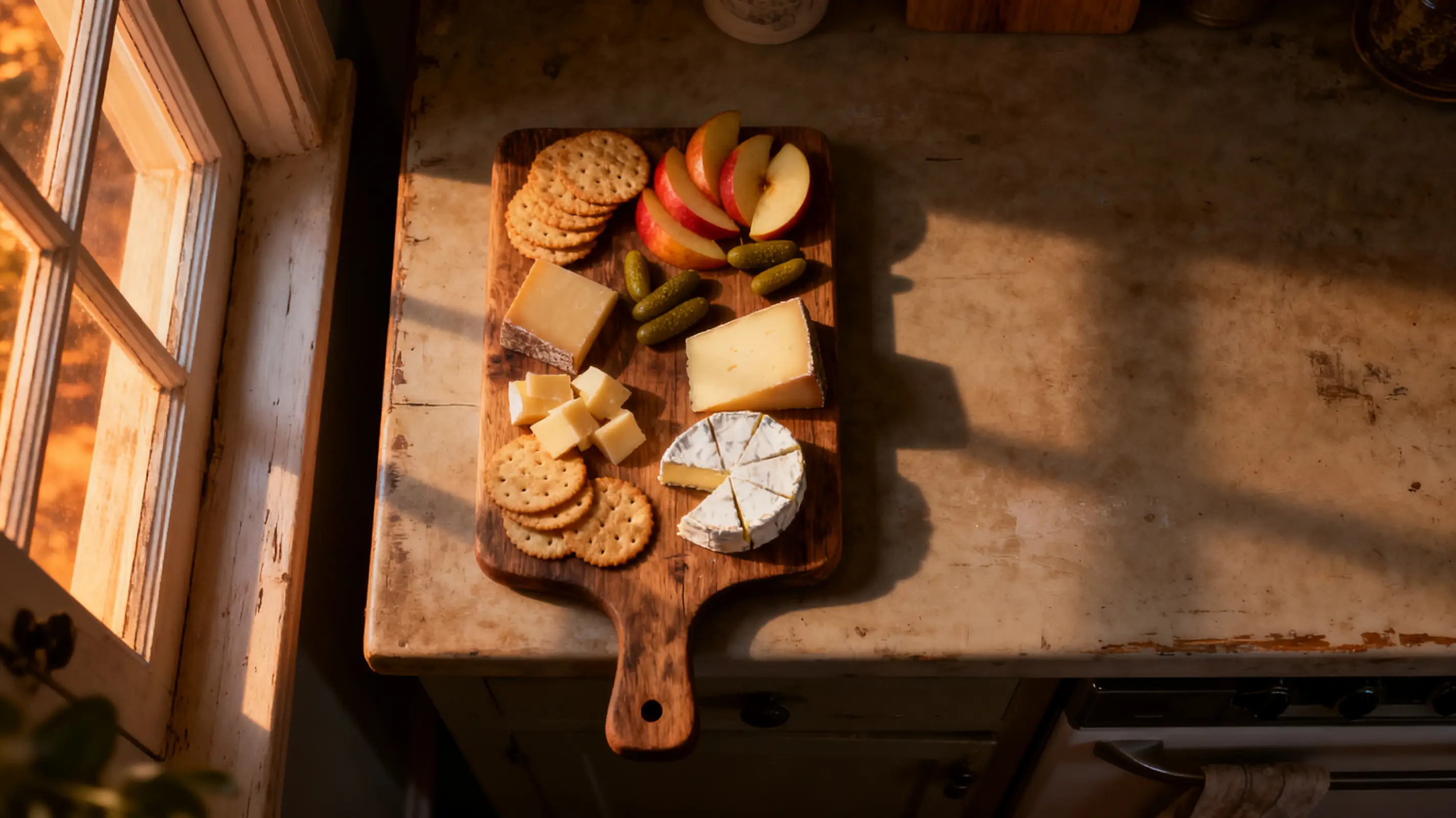Cheese platter with crackers, apple slices, and pickles on wooden board in warm afternoon light