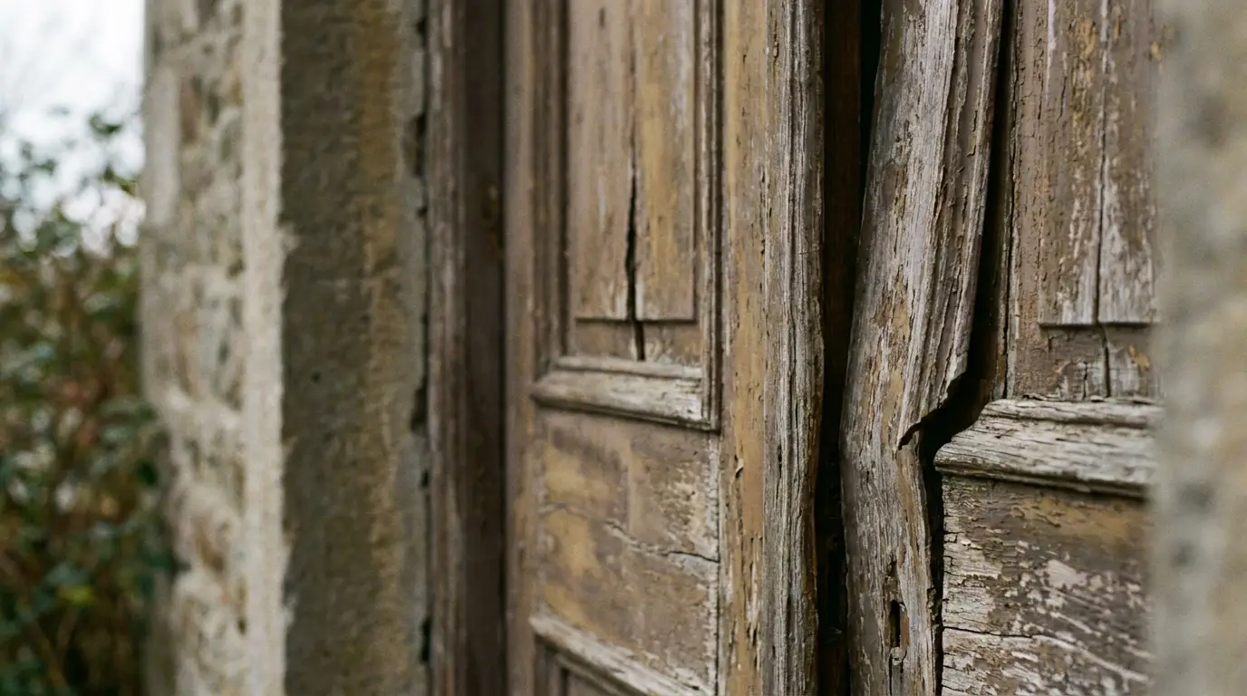 Peeling wooden door with weathered texture in rustic stone building exterior