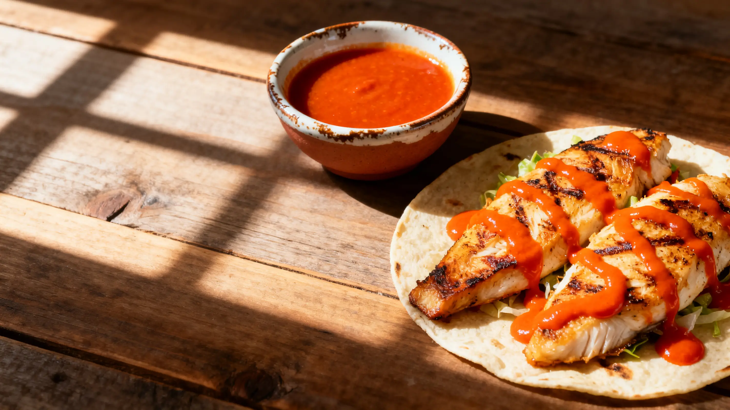 Grilled fish tacos with red sauce and bowl of salsa on wooden table in sunlight