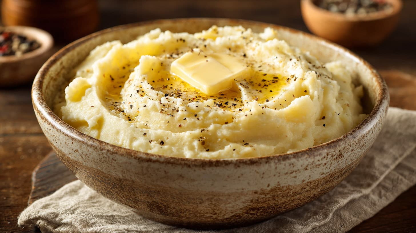 Creamy mashed Yukon Gold potatoes in a rustic bowl with butter on warm table top