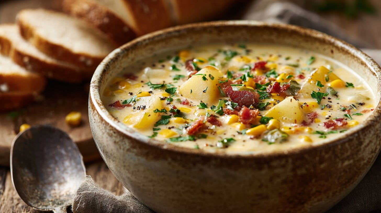 Creamy Yukon Gold potato chowder with corn and herbs in a rustic soup bowl