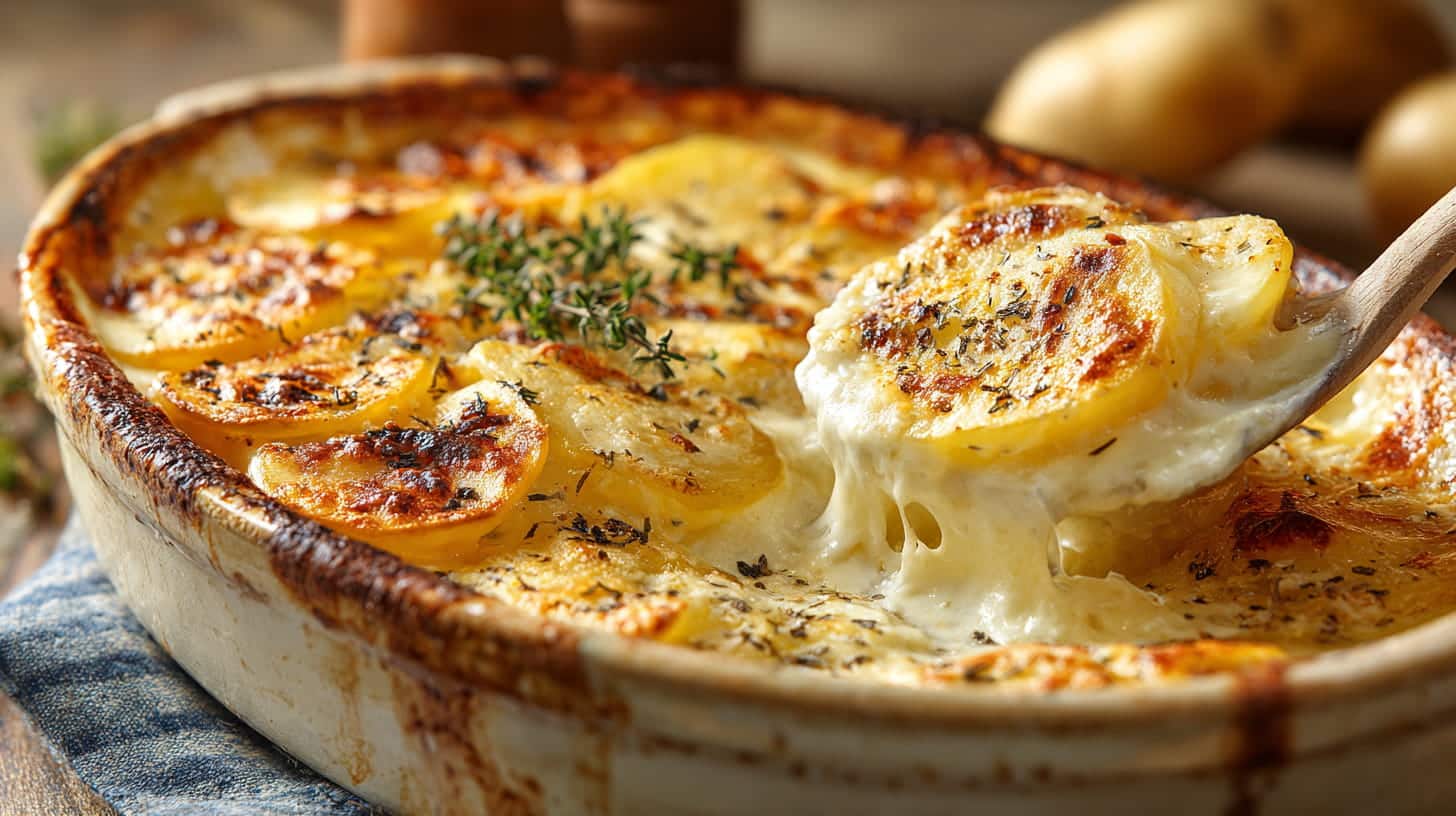 Creamy Yukon Gold potato gratin baked in rustic dish with soft golden layers