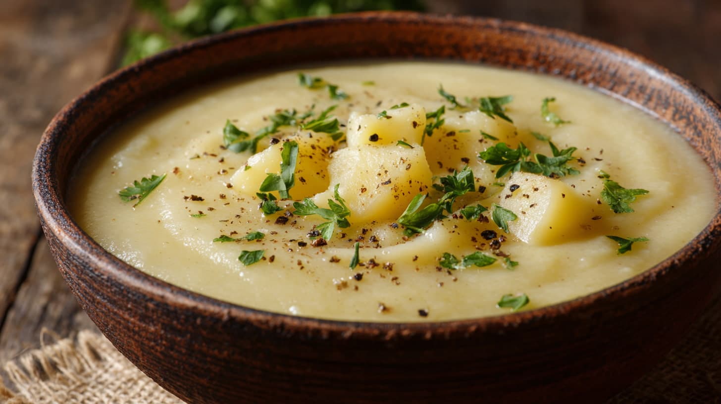 Creamy Yukon Gold potato soup with herbs in a rustic bowl on a wooden table