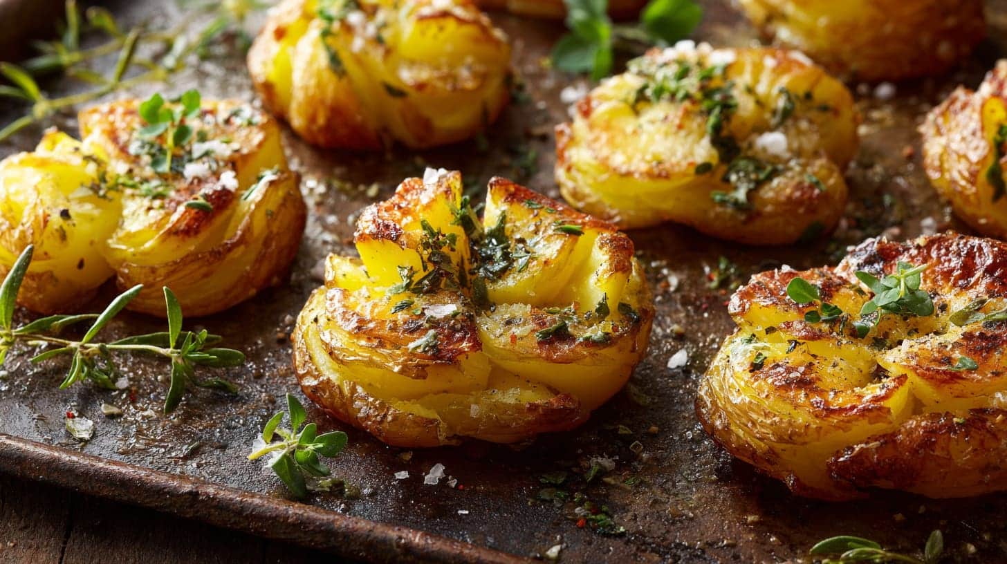 Crispy smashed Yukon Gold potatoes with golden edges served on warm tray at home