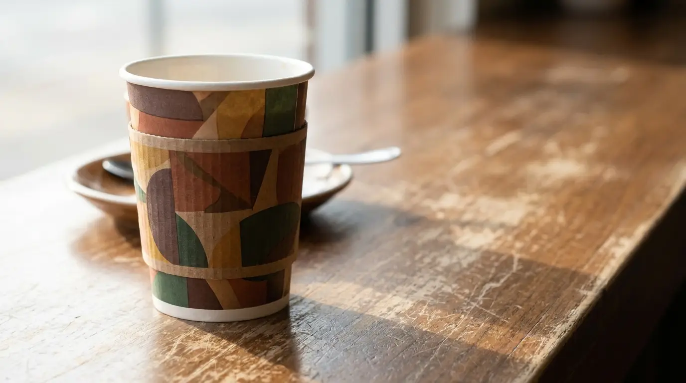 Colorful paper coffee cup on wooden table in sunlit room