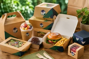 Assorted fast food in eco-friendly packaging on wooden table with natural greenery in background