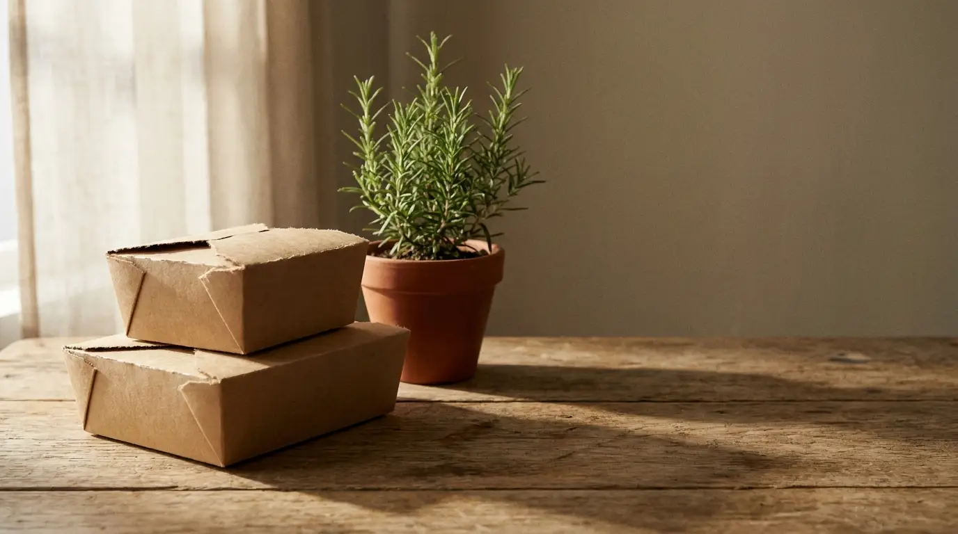 Cardboard takeout boxes and potted rosemary plant on wooden table in soft sunlight