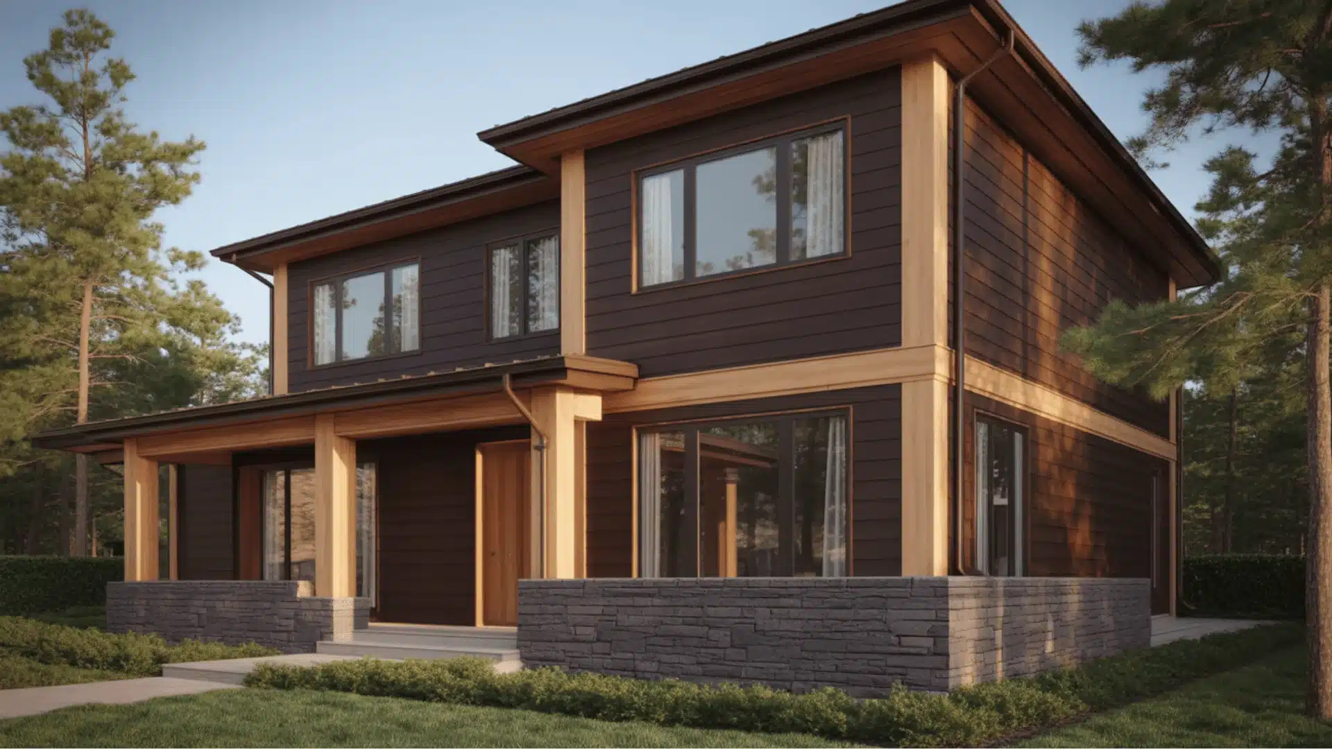 Dark chocolate brown modern house exterior with wood and stone accents