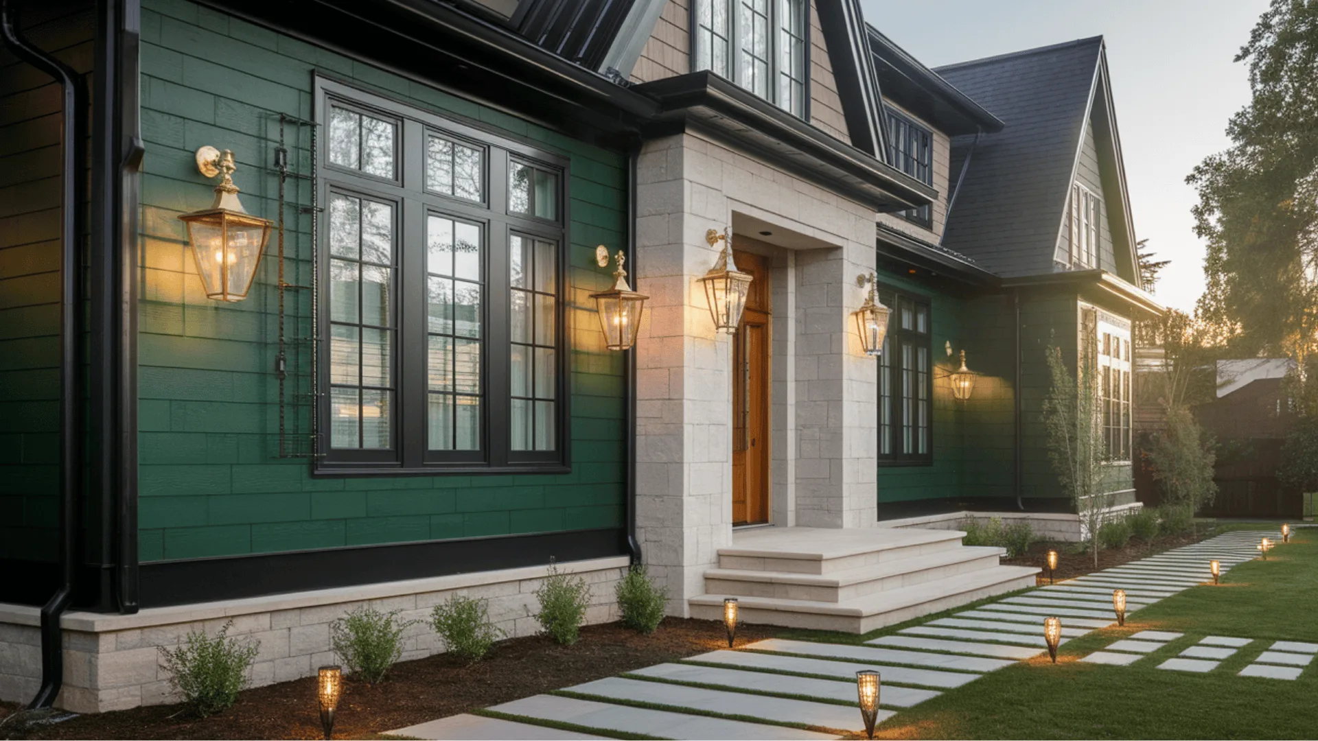 Dark emerald green modern house exterior with black windows and brass accents