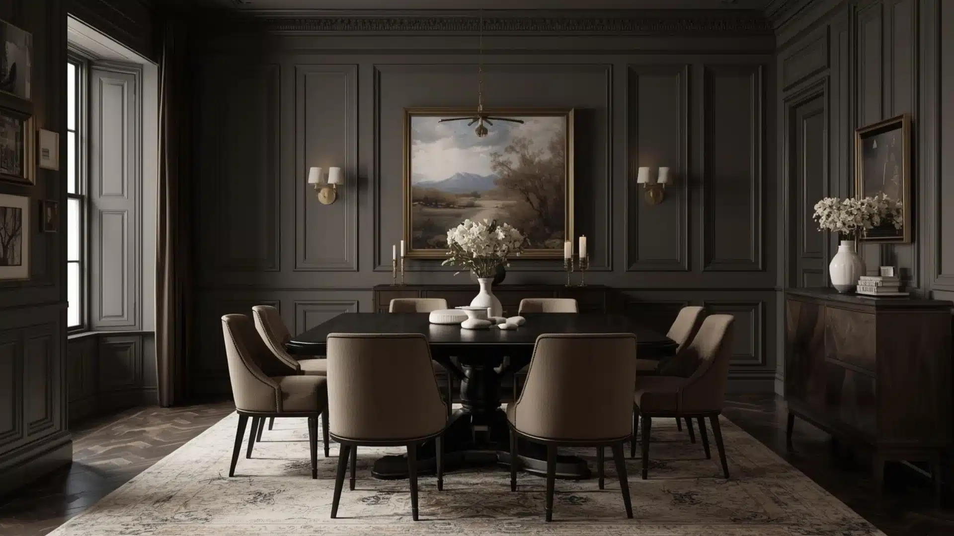 Modern Victorian dining room with dark wood table, upholstered chairs, classic trim, and soft, dramatic lighting indoors.