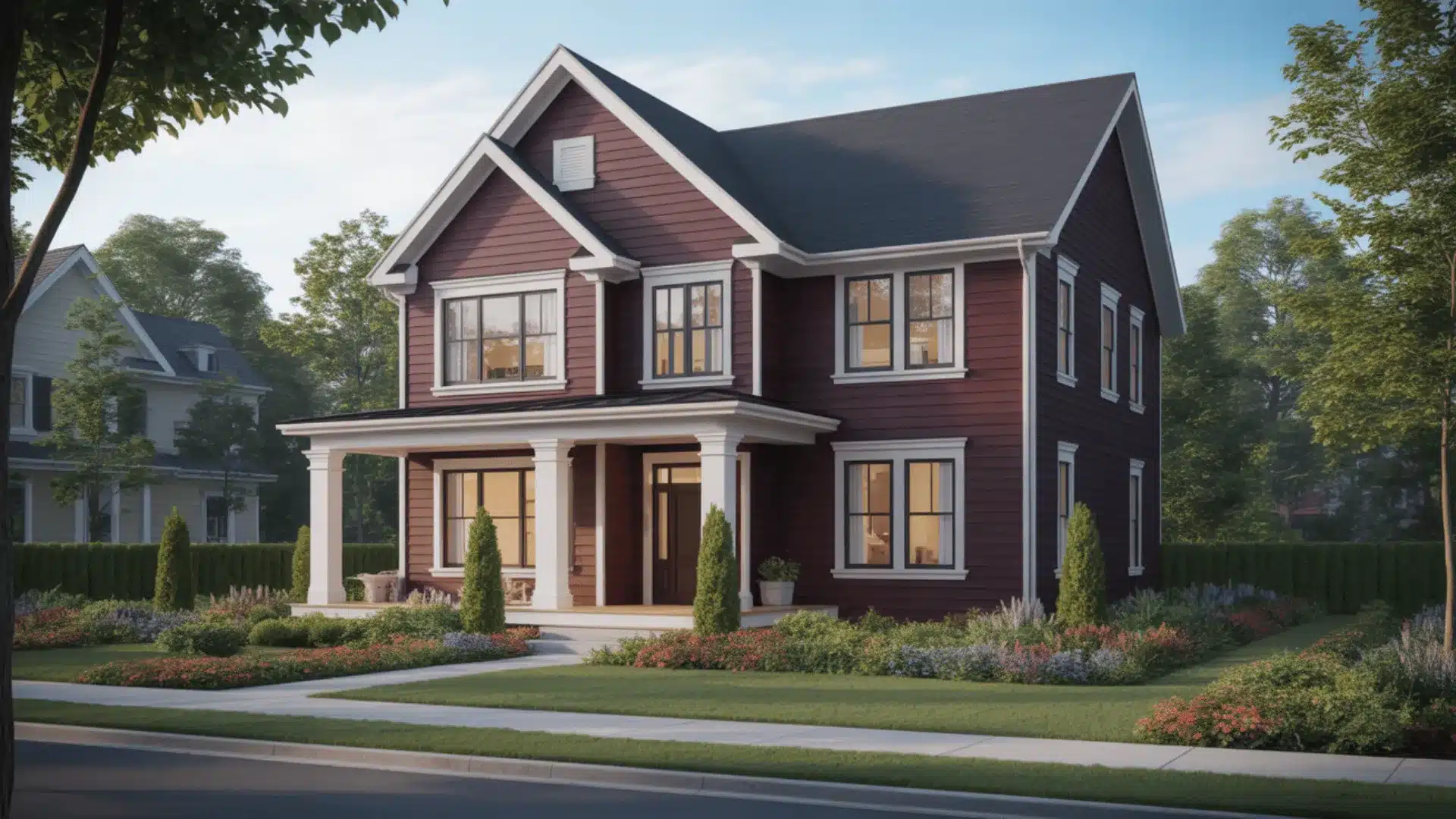 Deep burgundy modern house exterior with white trim and front porch