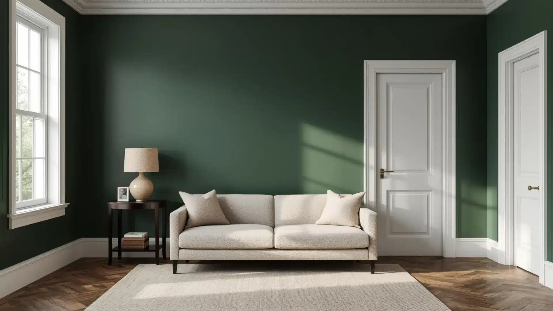 Modern Victorian room with deep green walls, light sofa, white trim, dark wood accents, and balanced natural daylight indoors.