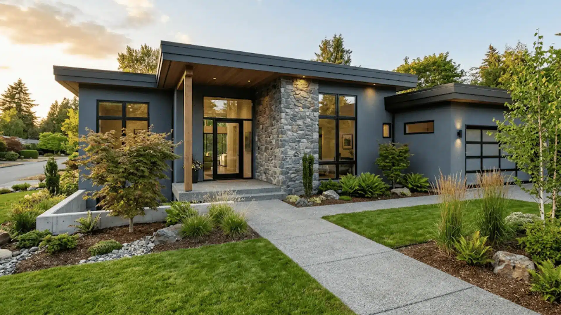 Deep slate gray modern house exterior with stone accents and modern landscaping
