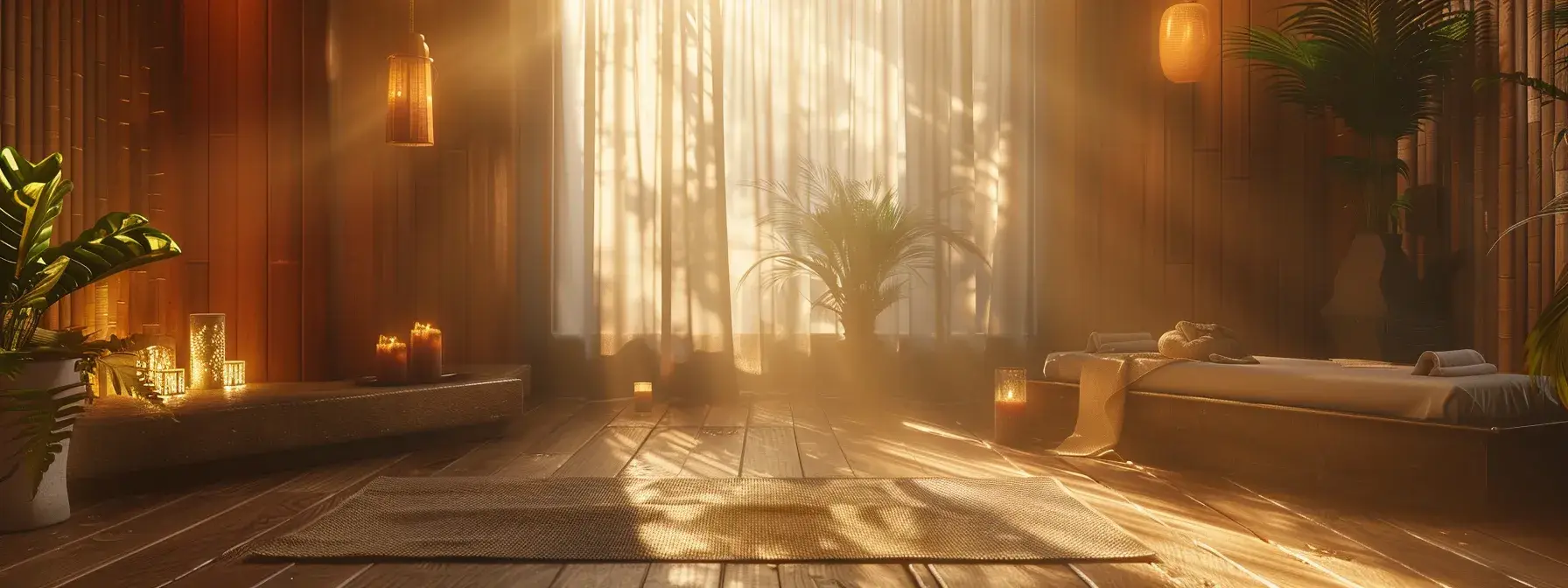 Sunlit spa room with massage table, candles, and plants creating a serene atmosphere