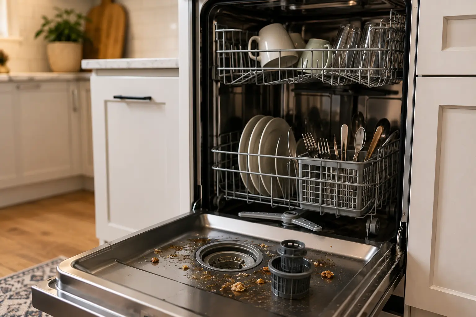 Open dishwasher in modern kitchen with dirty dishes and food particles visible inside