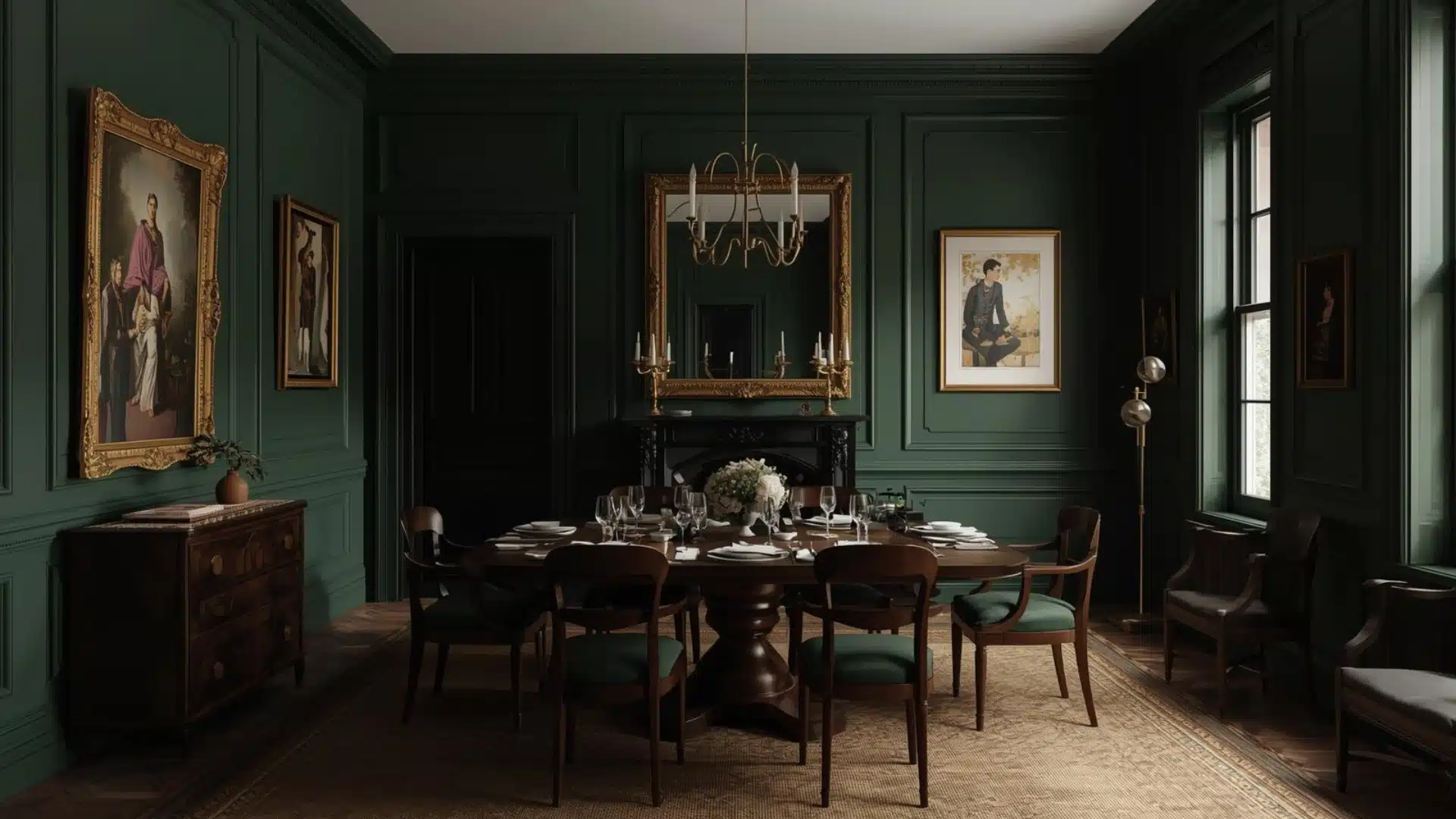 Modern Victorian dining space with deep green walls, brass accents, dark wood furniture, and warm, moody lighting indoors.